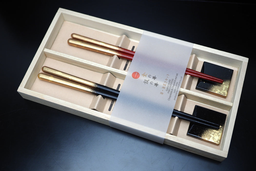 2 Chopsticks & 2 Chopstick Rest Set - Hazy Gold (black & red)