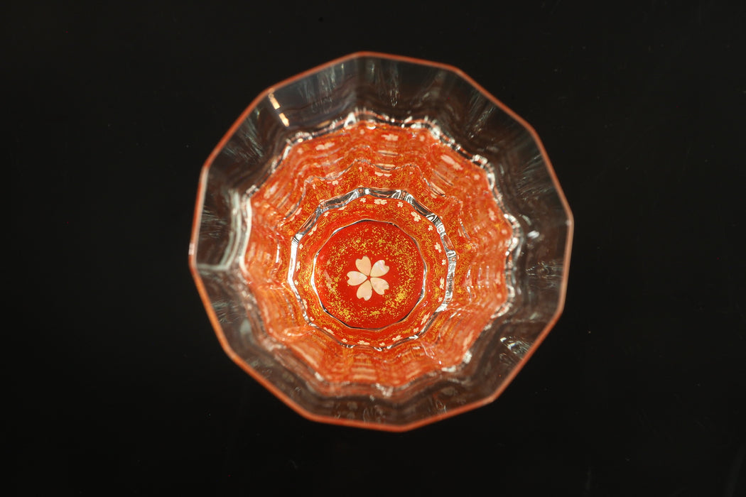 "Raden" Lacquer Coated Glass 150ml - Kaleidoscope Glass with Cherry Blossoms Pattern (gold-red)