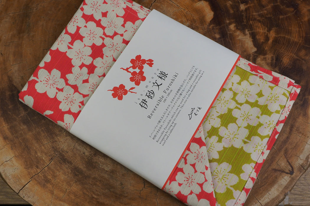"Furoshiki" Wrapping Cloth - Isa monyo Reversible | Weeping Cherry Tree Pink/Green (100cm x 100cm)