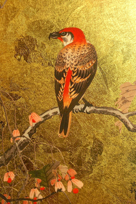 Ohara Koson - Crossbill on a Begonia Branch Gold Leaf Art Panel (27.3x52cm)