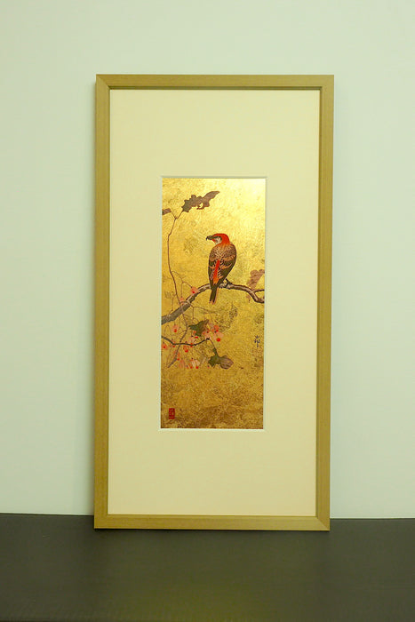 Ohara Koson - Crossbill on a Begonia Branch Gold Leaf Art Panel (27.3x52cm)