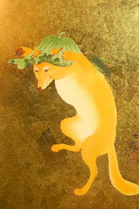 Ohara Koson - Dancing Fox Gold Leaf Art Panel (27.3x52cm)