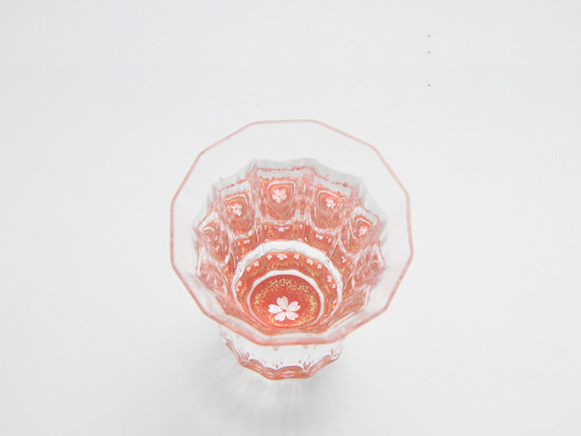 "Raden" Lacquer Coated Glass 150ml - Kaleidoscope Glass with Cherry Blossoms Pattern (gold-red)