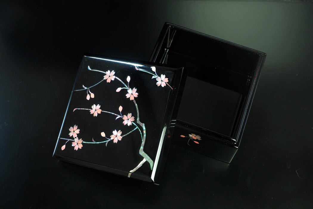 Cashew Lacquer Jewel Box - Cherry Blossom Pattern (black) (11.2x11.2x5.6cm)