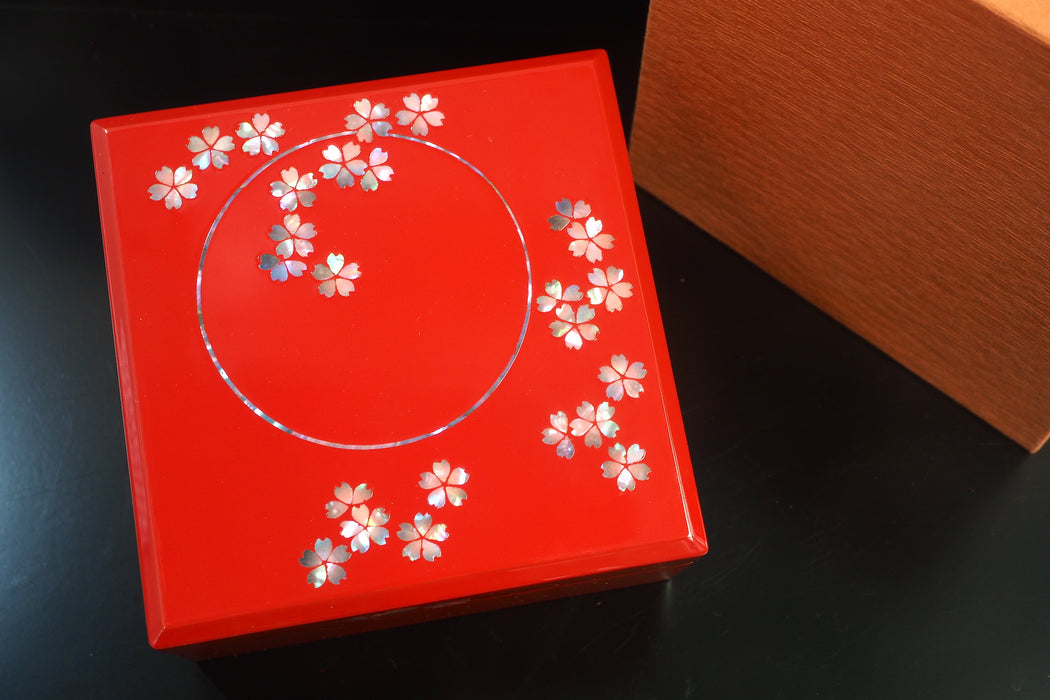 Cashew Lacquer Jewel Box - Cherry Blossom Pattern (red) (13.3x13.3x6.3cm)